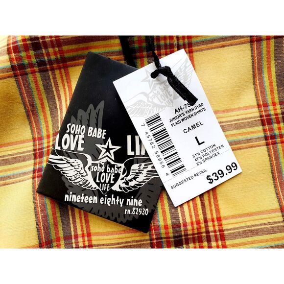 SOHO Babe Camel Yellow Plaid Woven LS Button Shirt JR. Size Large NWT - Picture 11 of 14